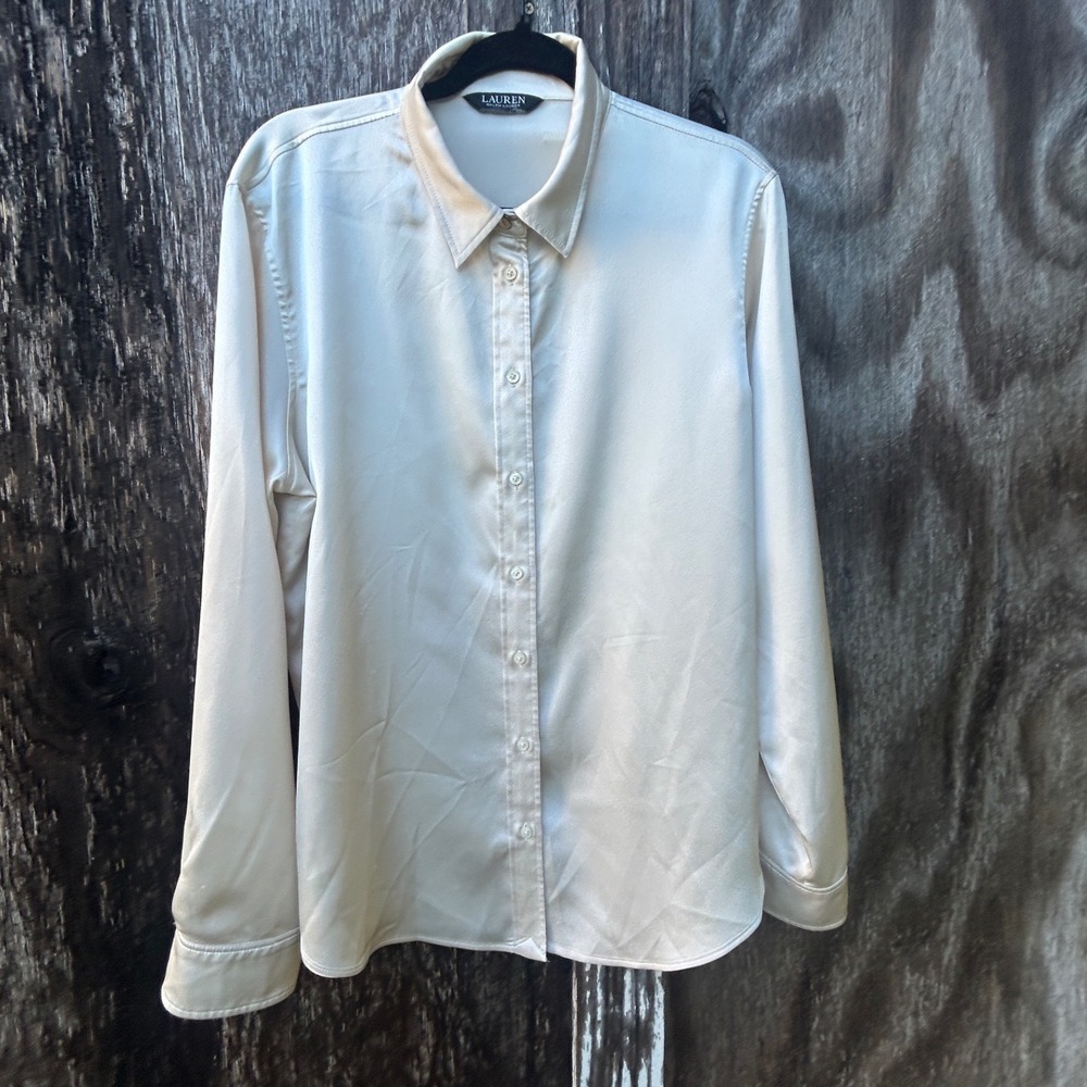 Lauren Ralph Lauren Cream Satin Button Down Blouse Ivory Silk Look Office Chic